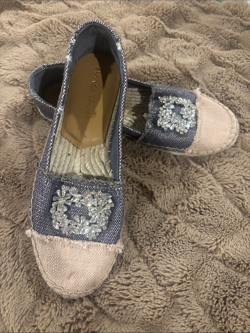Ivanka Trump Two-Tone Gray & Cream Espadrille Flats with Crystal Floral Applique